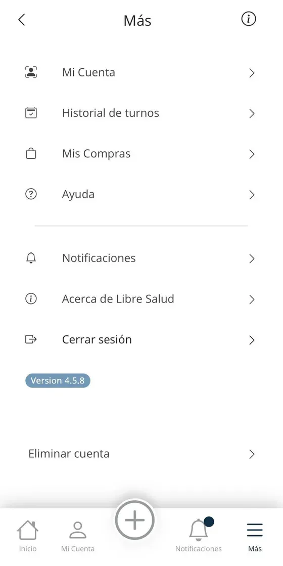Menú de la app Libre Salud